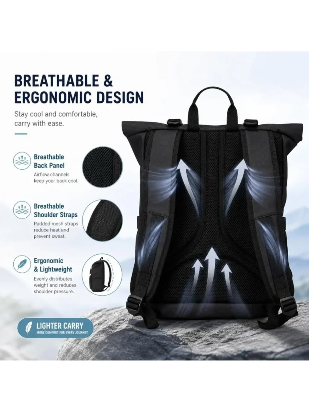 Water-Resistant Roll Top Laptop Backpack for Travel, Work & School - Fits